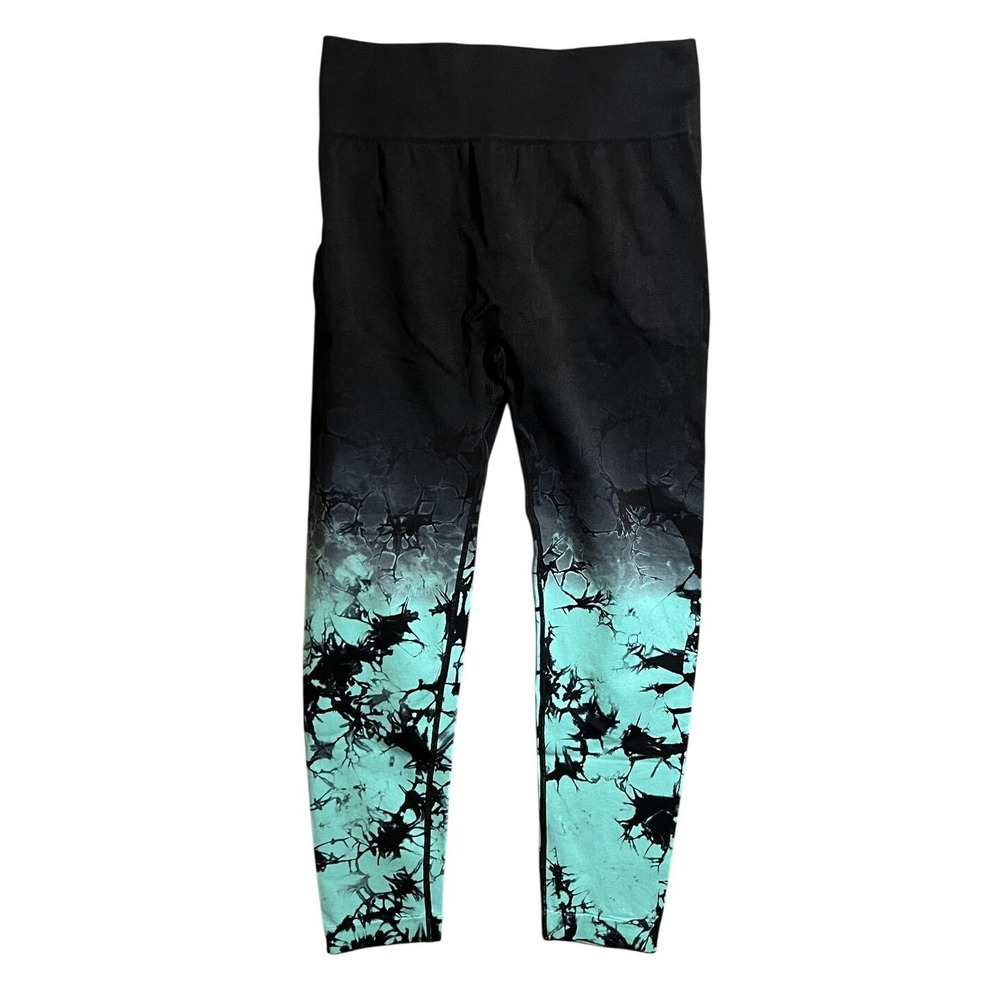 Women's High Waist Scrunch Butt Ombre Tie Dye Leggings Black Aqua Yoga Pants